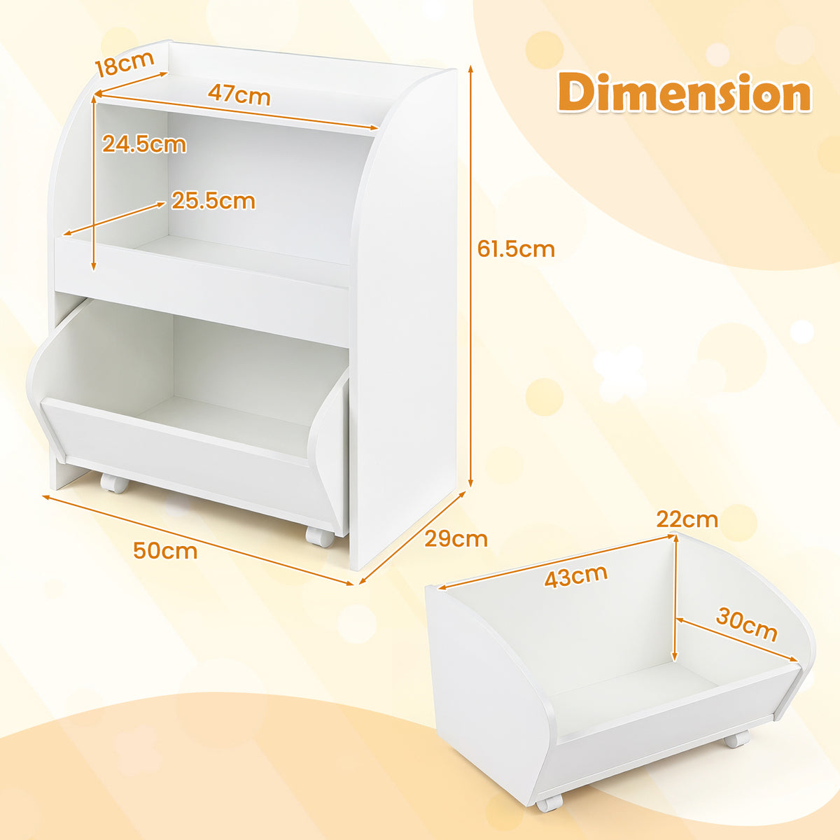 Children's Toy Storage Shelf with 2 Open Shelves and a Wheeled Drawer for Children's Bedroom-White