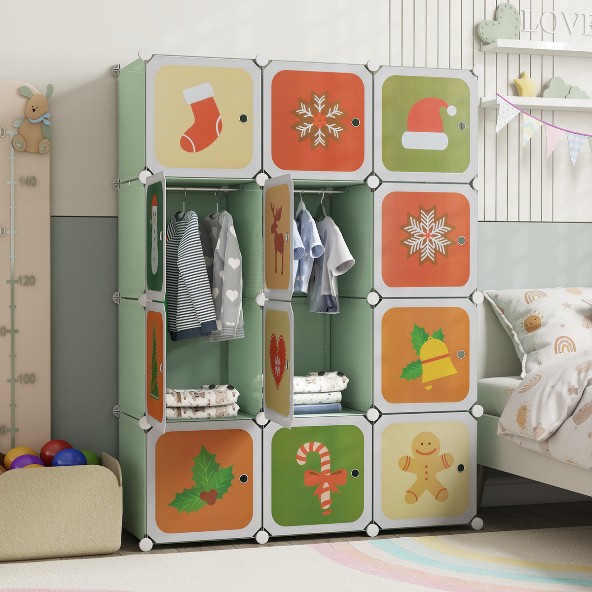 Children 12-Cube Wardrobe Baby Dresser Kids Bedroom Armoire-Green