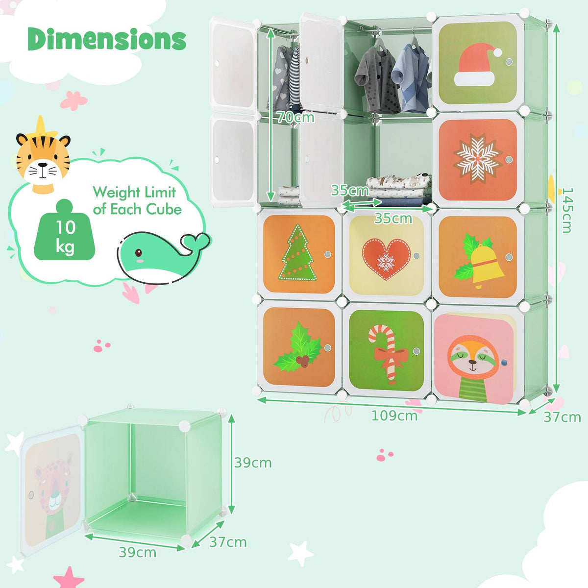 Children 12-Cube Wardrobe Baby Dresser Kids Bedroom Armoire-Green