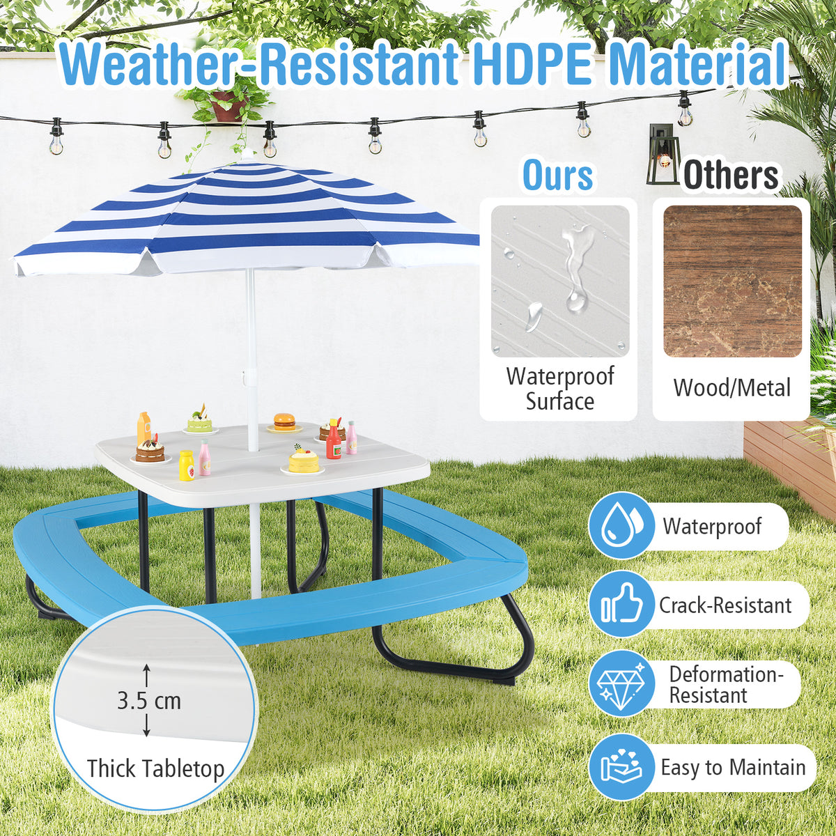 Children HDPE Kids Picnic Table with Height Adjustable Umbrella-White