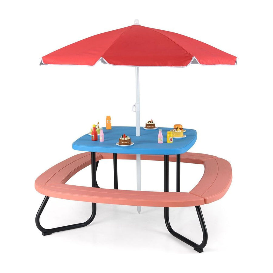 Children HDPE Kids Picnic Table with Height Adjustable Umbrella-Blue
