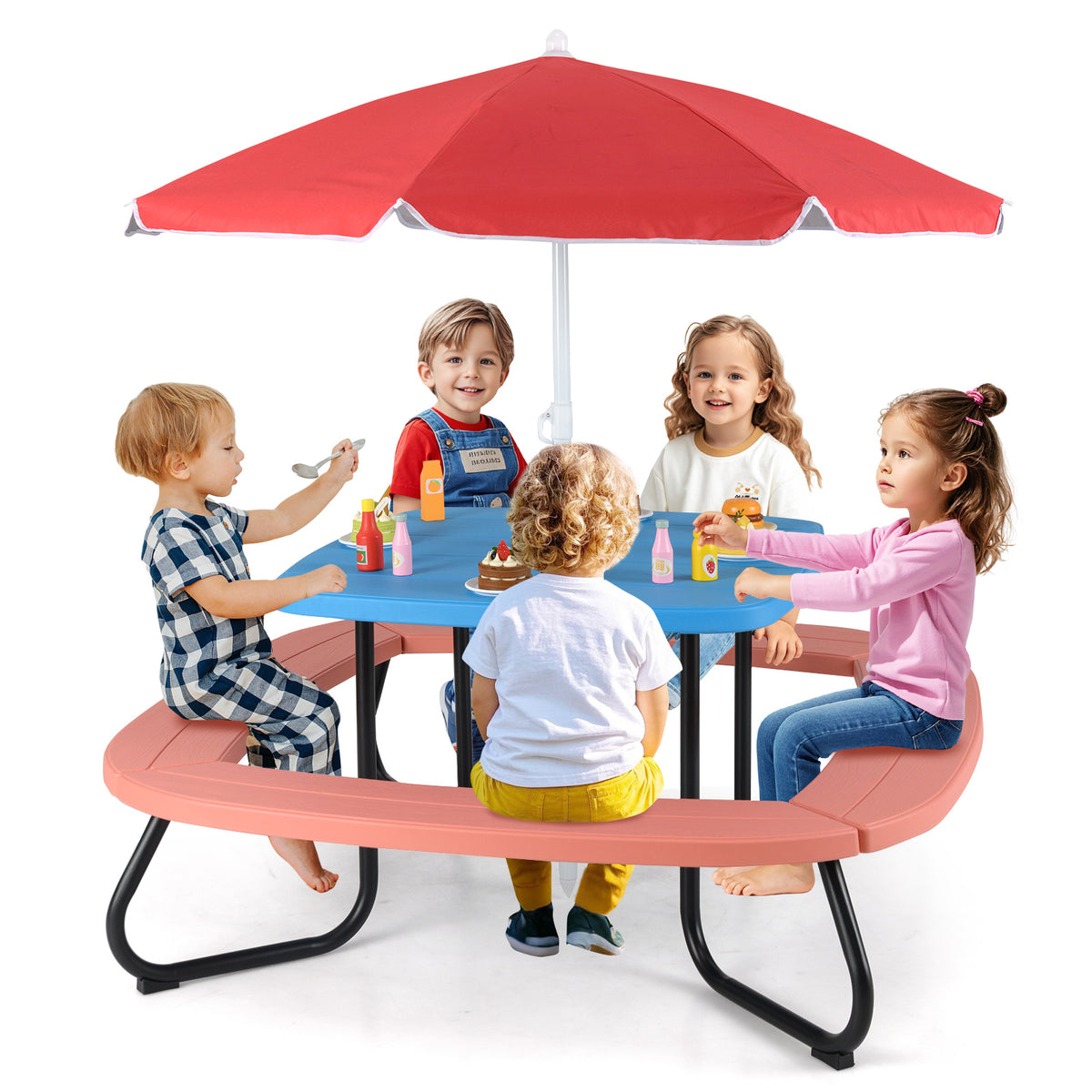 Children HDPE Kids Picnic Table with Height Adjustable Umbrella-Blue