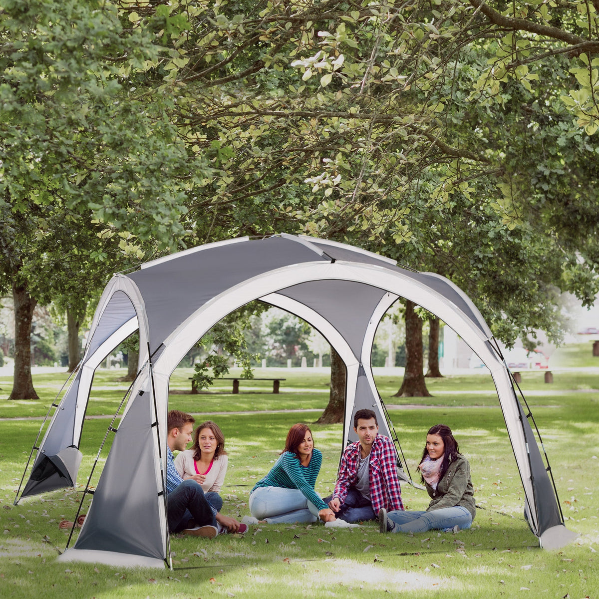 Outsunny Dome Tent for 6-8 Person, Camping Tent with 4 Zipped Mesh Doors, Removable Oxford Cloth, Lamp Hook, Portable Carry Bag, White and Grey