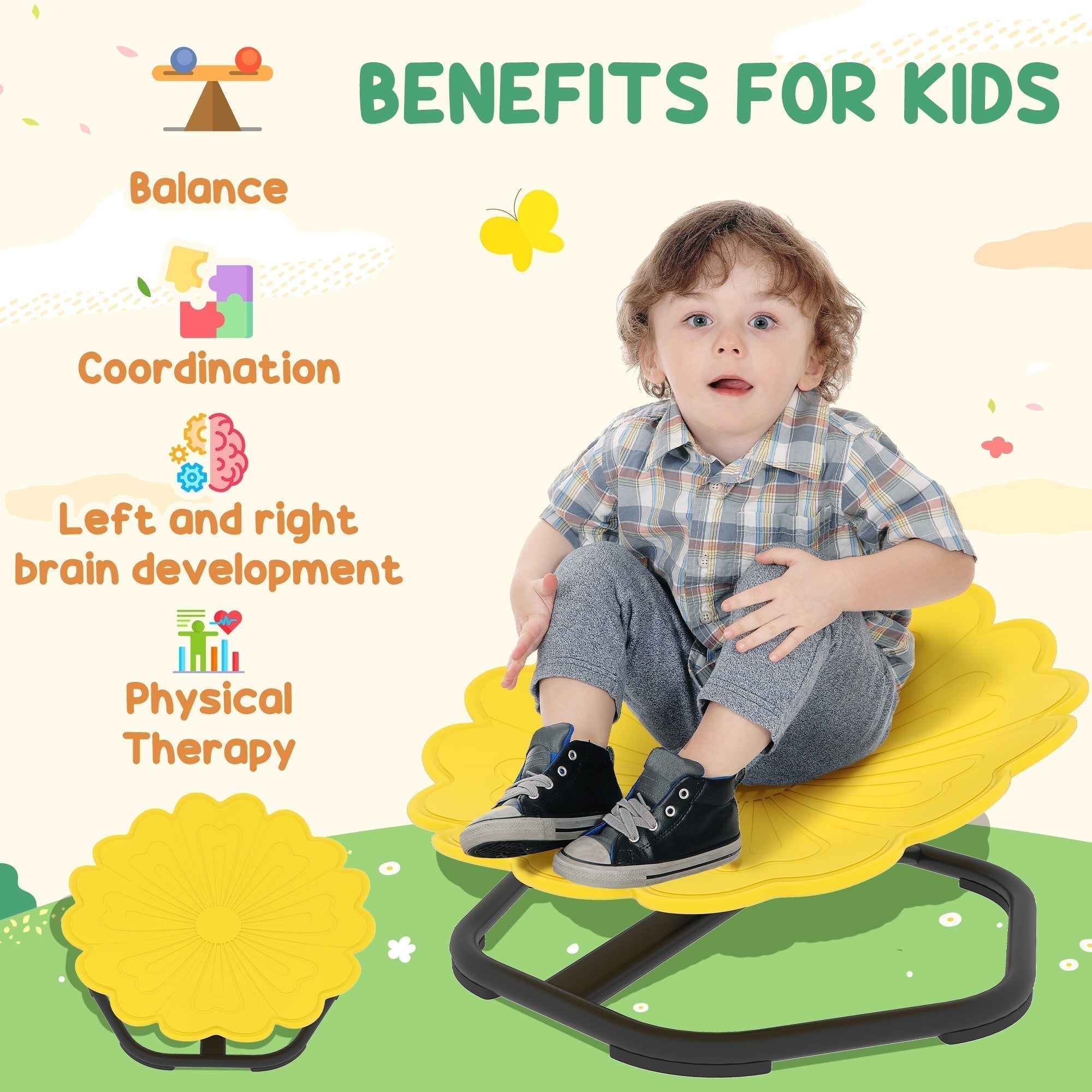 AIYAPLAY Flower-Shaped Sensory Spinning Chair with Non-Slip Base for Balance/Coordination, Yellow