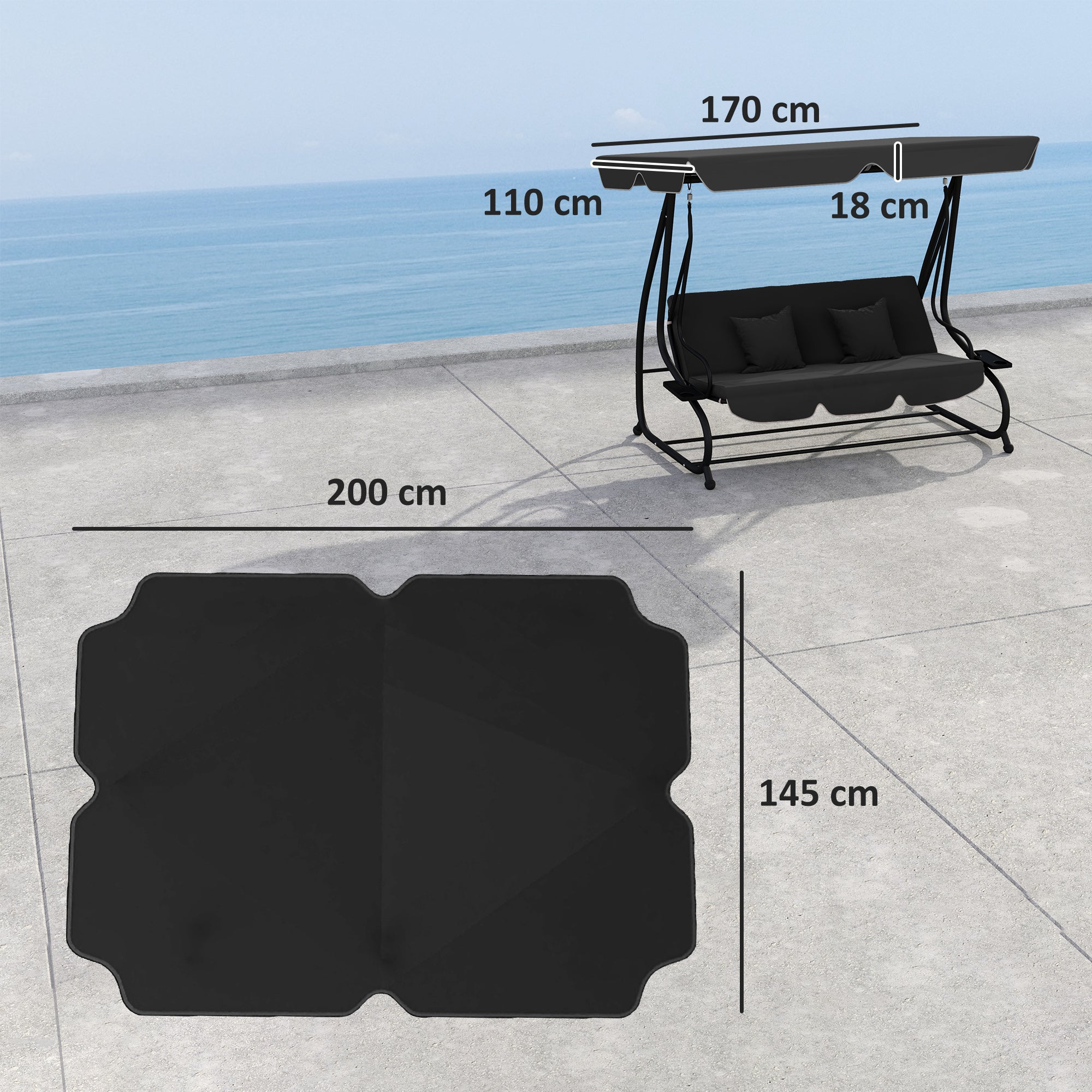 Outsunny 145 x 200Wcm Swing Chair Canopy Replacement - Black