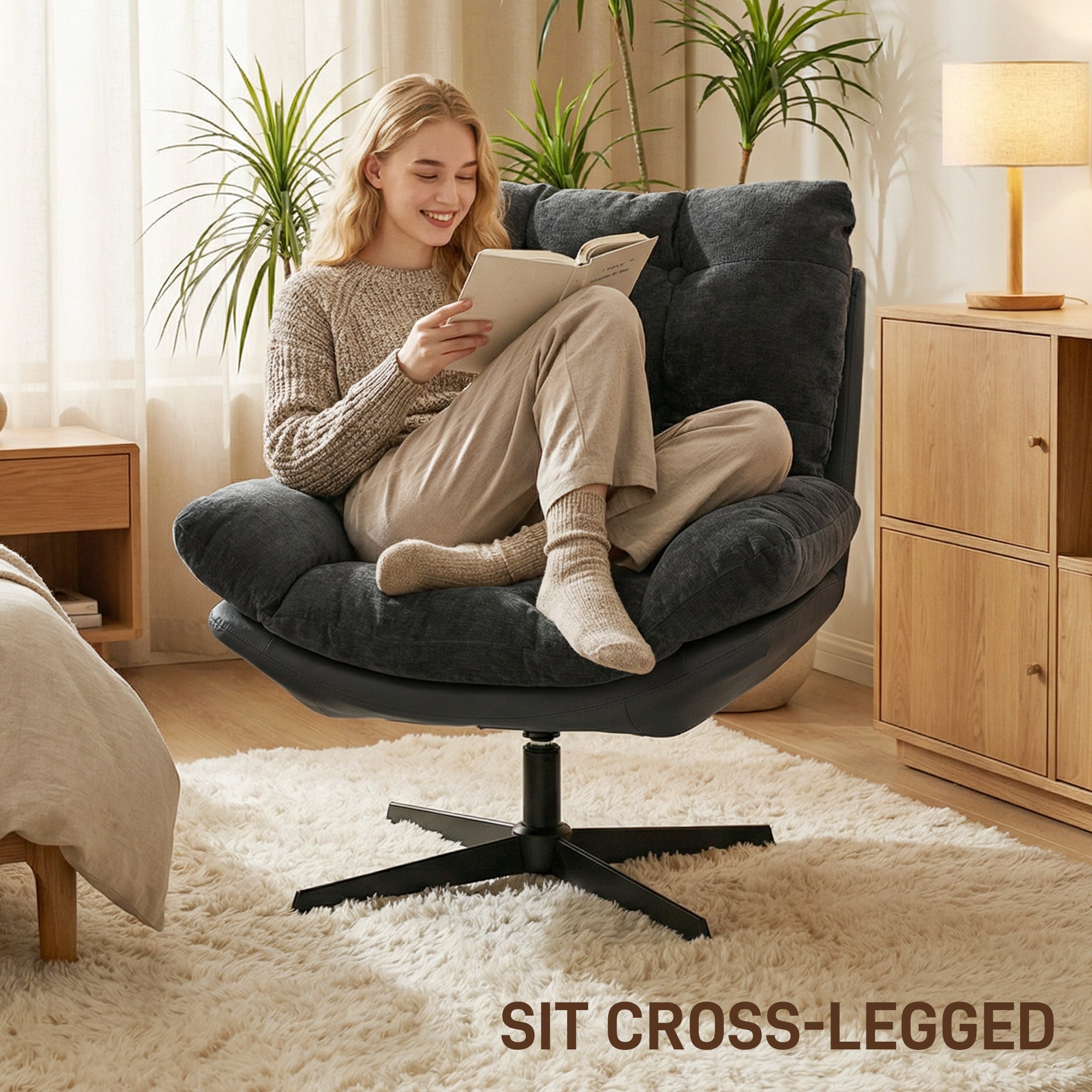 HOMCOM Accent Chair with Footstool, Swivel Lounge Chair with Chenille Upholstery, Metal Base, Dark Grey