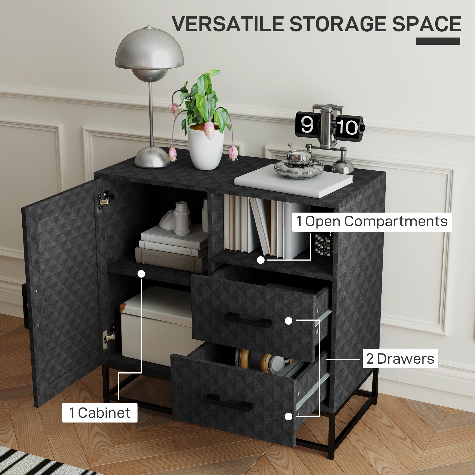 HOMCOM Sideboard with Adjustable Shelf, Freestanding Sideboard Storage Cabinet with Open Compartment and 2 Drawers, Black