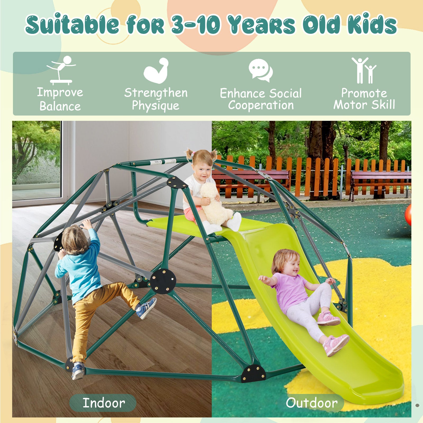 Geometric Dome Climber with Slide and Fabric Cushion-Grey