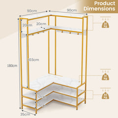 L-shaped Clothes Corner Garment Rack with Open Shelves and 7 Hooks-White