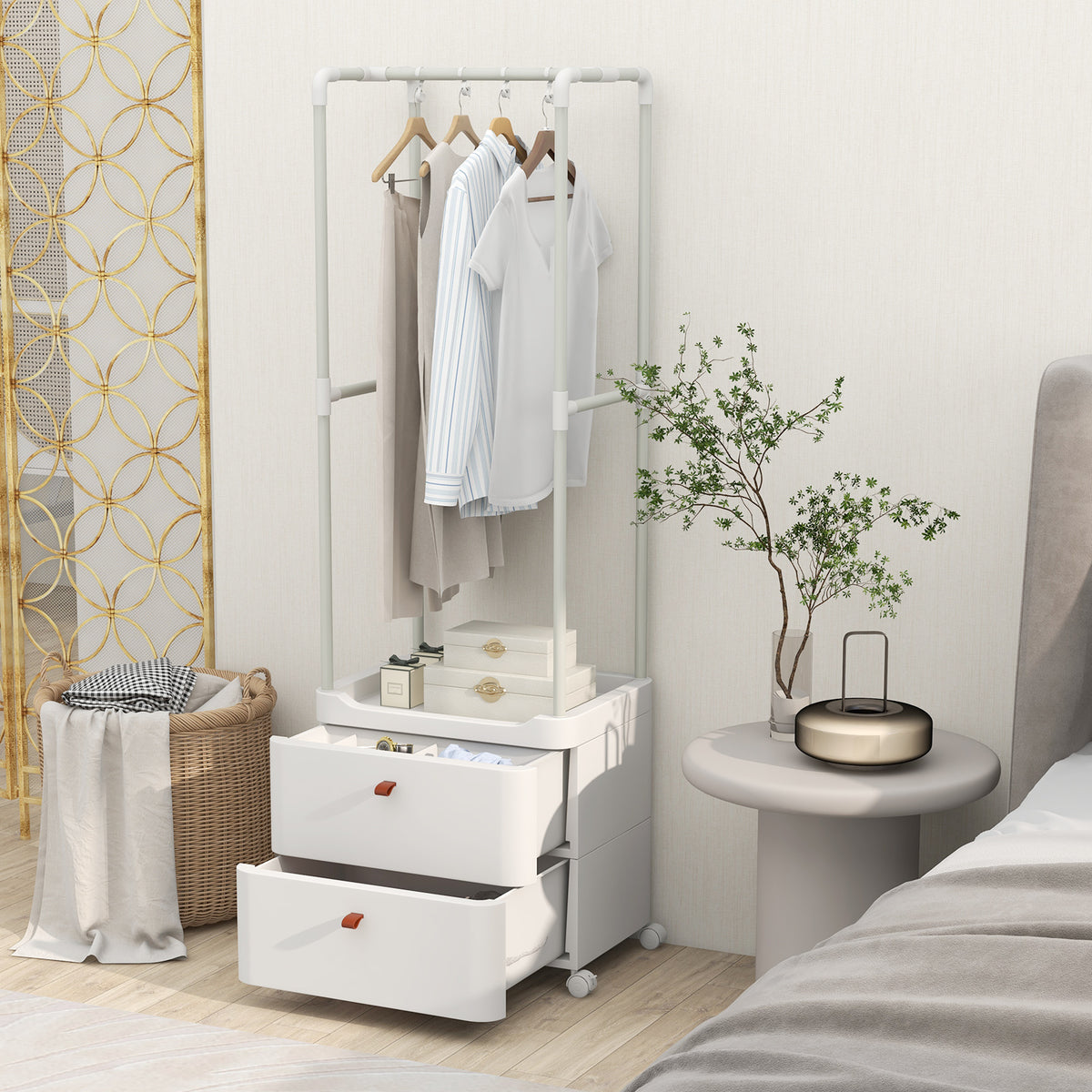 Freestanding Heavy-duty Clothing Stand Dresser with Hanging Rod and Storage Shelves-White