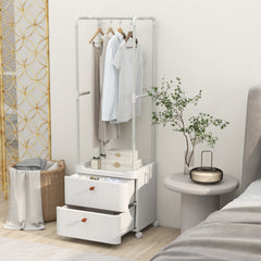 Freestanding Heavy-duty Clothing Stand Dresser with Hanging Rod and Storage Shelves-White