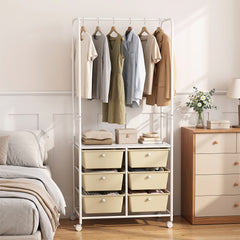 Clothing Rack Coat Hanger with 6 Drawers 4 Universal Wheels and 2 Anti-Tipping Kits-White