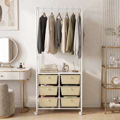 Clothing Rack Coat Hanger with 6 Drawers 4 Universal Wheels and 2 Anti-Tipping Kits-White