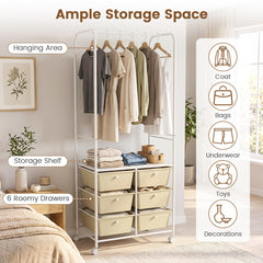 Clothing Rack Coat Hanger with 6 Drawers 4 Universal Wheels and 2 Anti-Tipping Kits-White