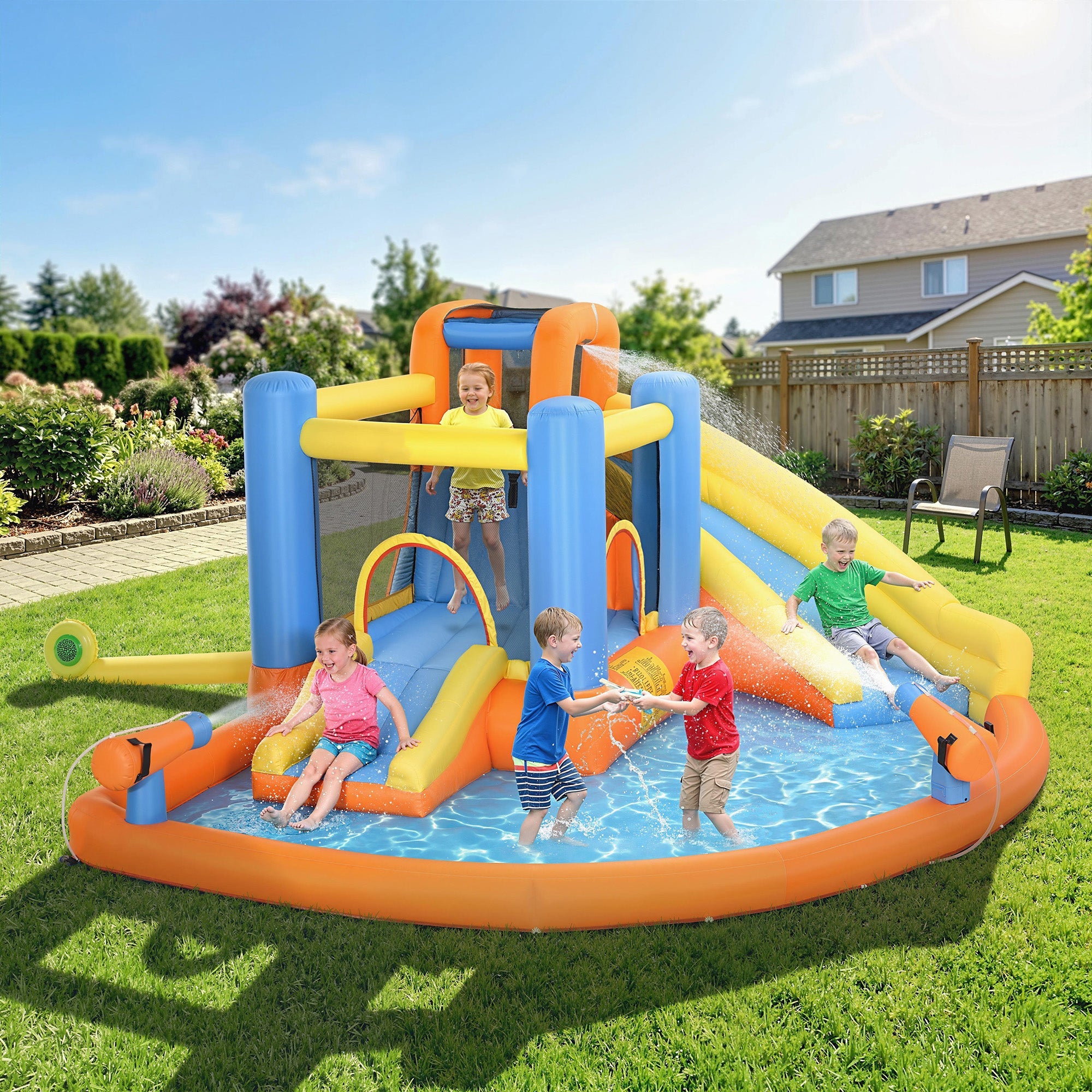 AIYAPLAY 5 in 1 Bouncy Castle for Children, Inflatable Bounce House with Dual Slides, Pool, Climbing Wall, Water Cannons, Blower