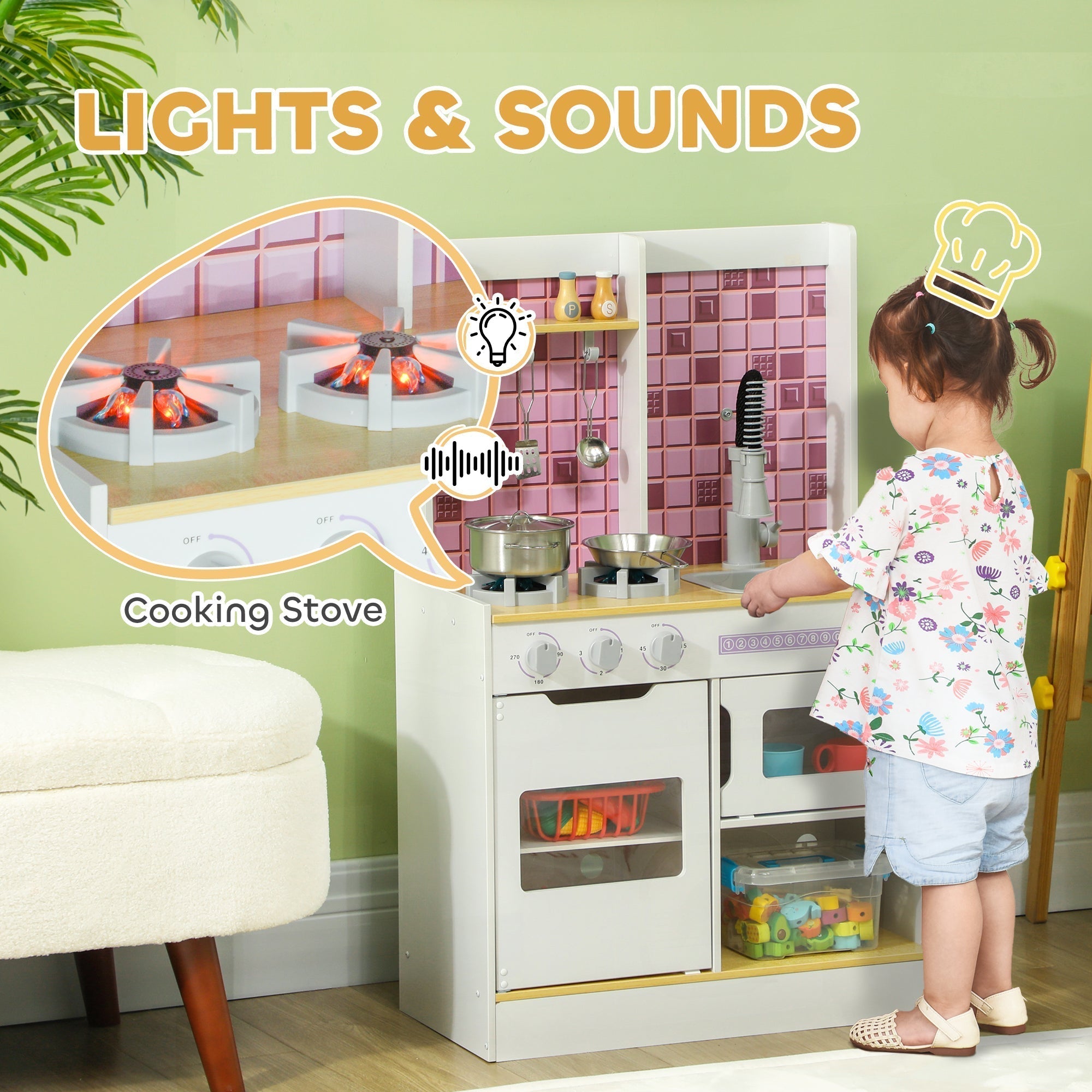 AIYAPLAY Kids Play Kitchen, Pretend Play Kitchen with Realistic Oven, Stove, Sink, Kitchen, Accessories, White