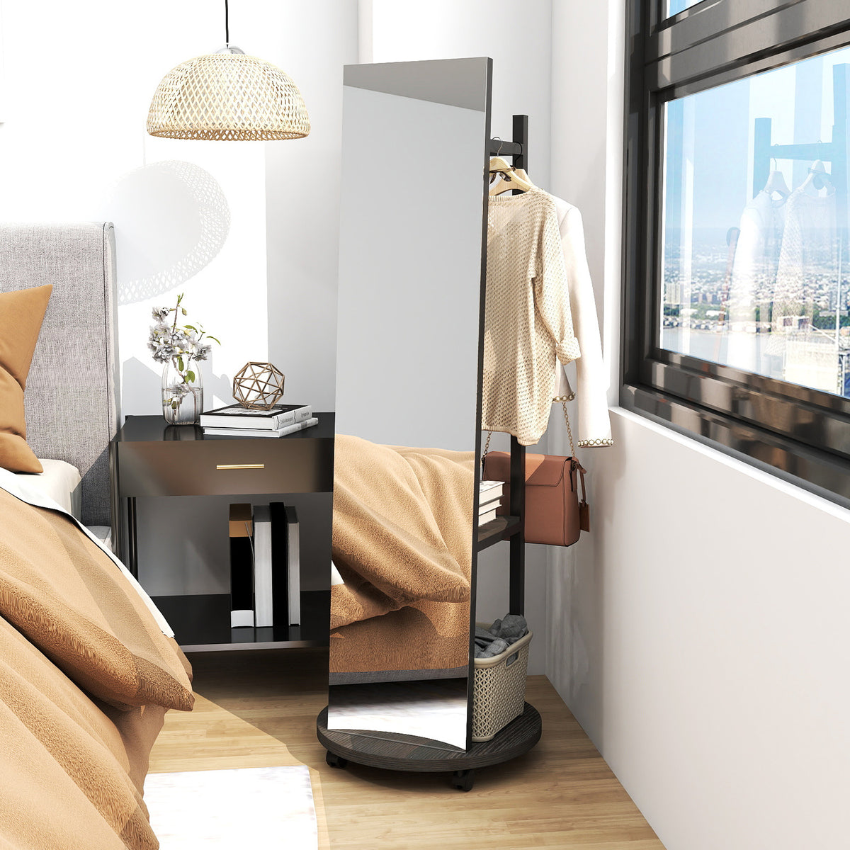 Coat Rack with Full Length Mirror Freestanding Coat Tree with 3 Hooks-Black