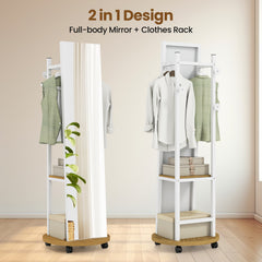 Coat Rack with Full Length Mirror Freestanding Coat Tree with 3 Hooks-Natural