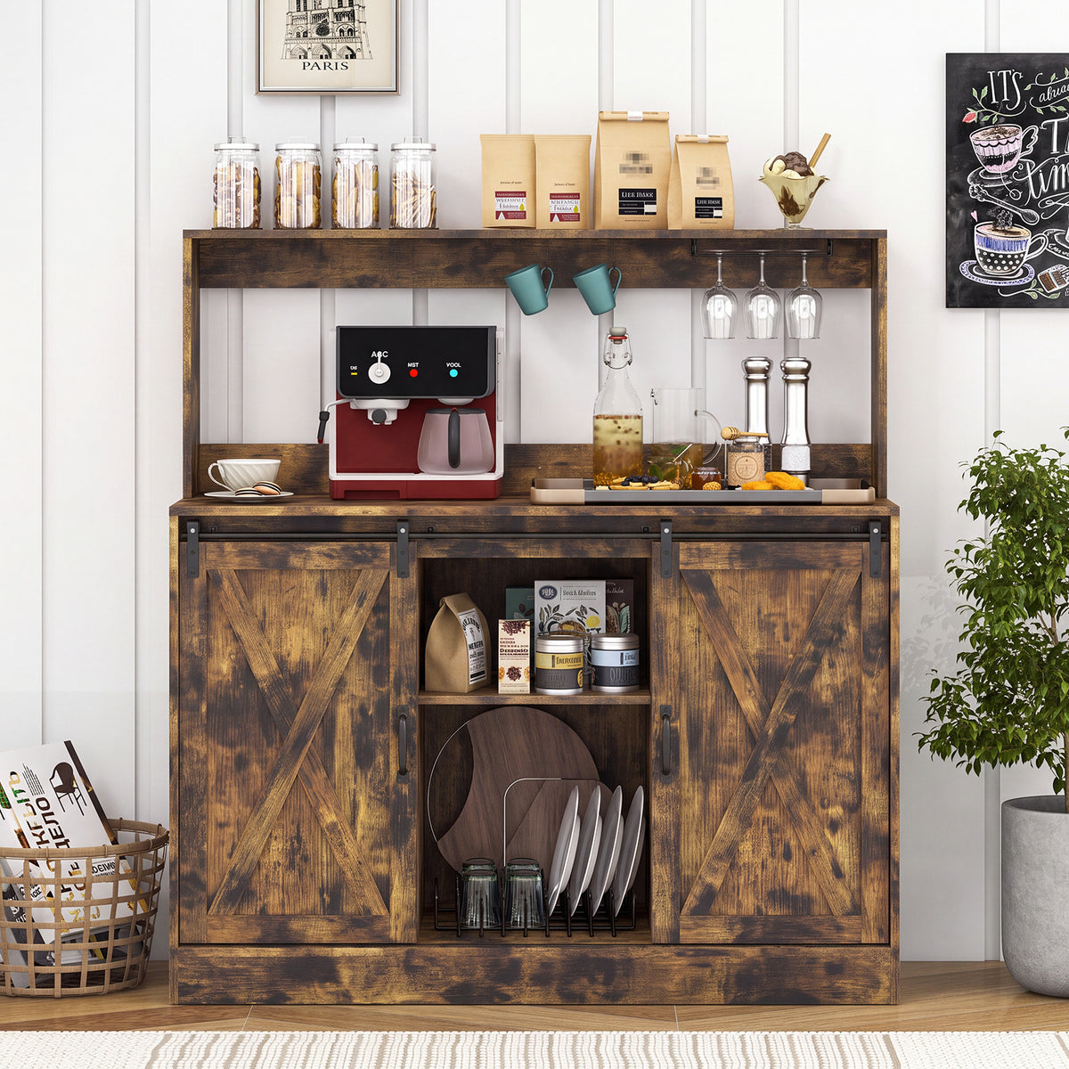Coffee Bar Cabinet with Charging Station and Sliding Barn Doors-Rustic Brown