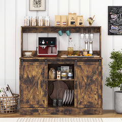 Coffee Bar Cabinet with Charging Station and Sliding Barn Doors-Rustic Brown
