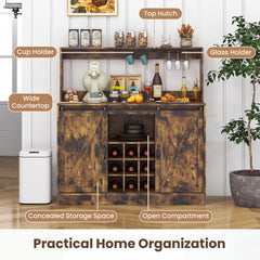 Coffee Bar Cabinet with Charging Station and Sliding Barn Doors-Rustic Brown
