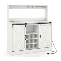 Coffee Bar Cabinet with Charging Station and Sliding Doors-White
