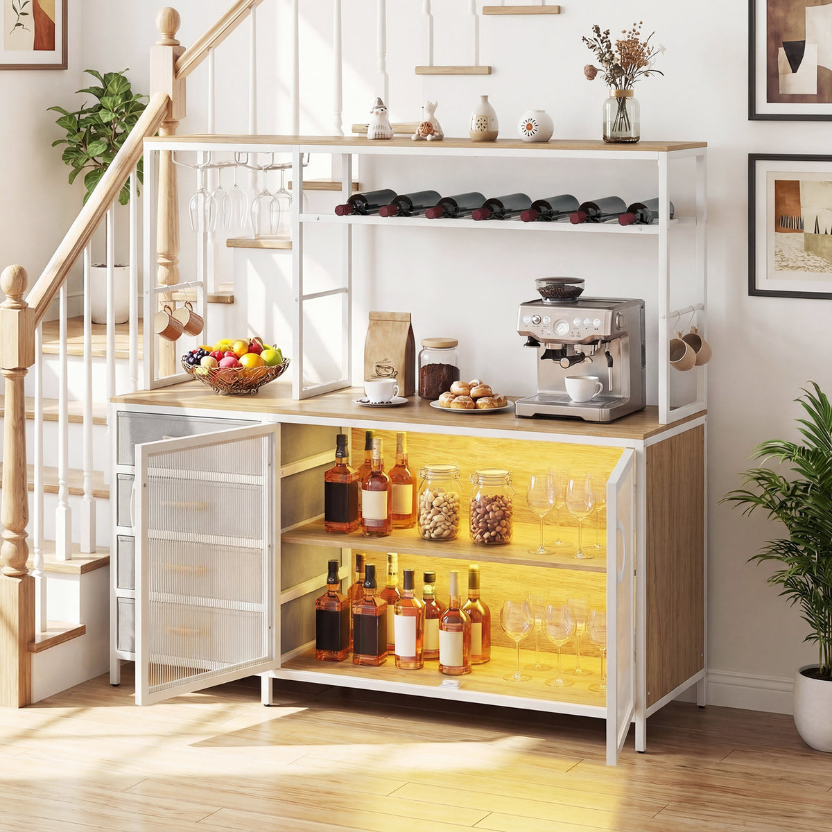 Coffee Bar Cabinet with LED Lights Charging Station-Natural