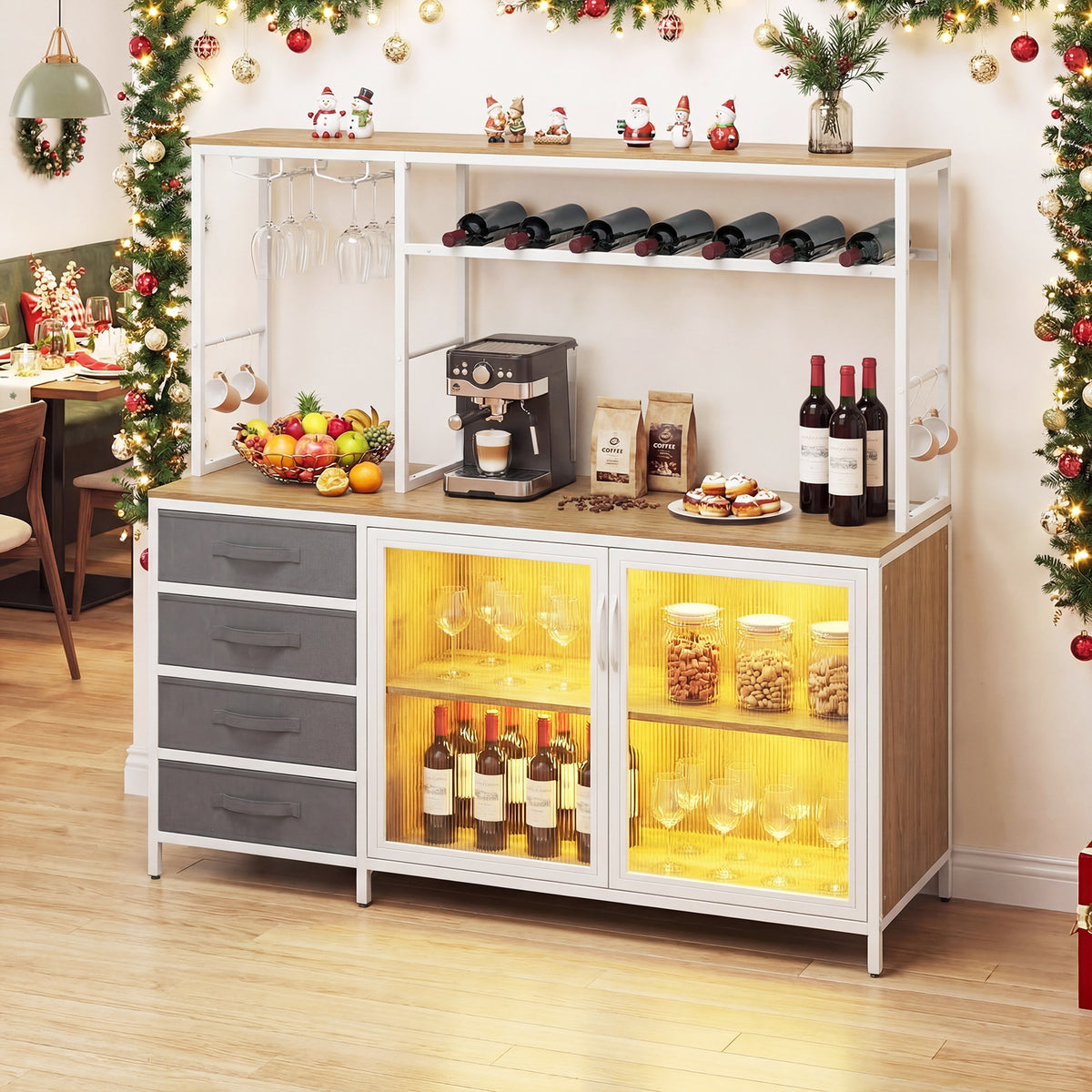 Coffee Bar Cabinet with LED Lights Charging Station-Natural