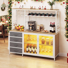 Coffee Bar Cabinet with LED Lights Charging Station-Natural