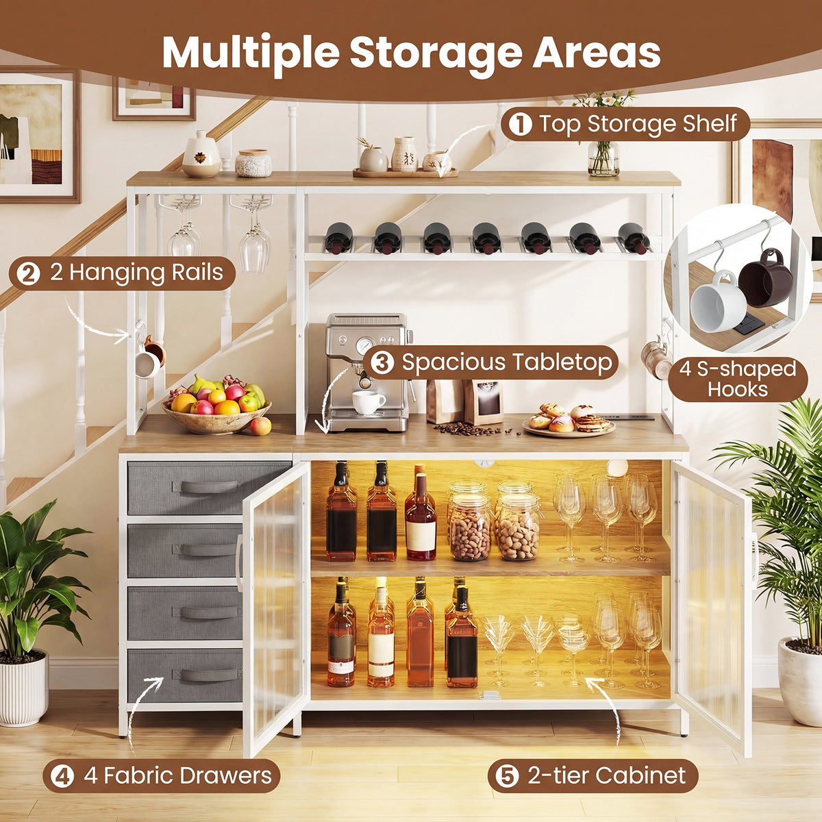 Coffee Bar Cabinet with LED Lights Charging Station-Natural