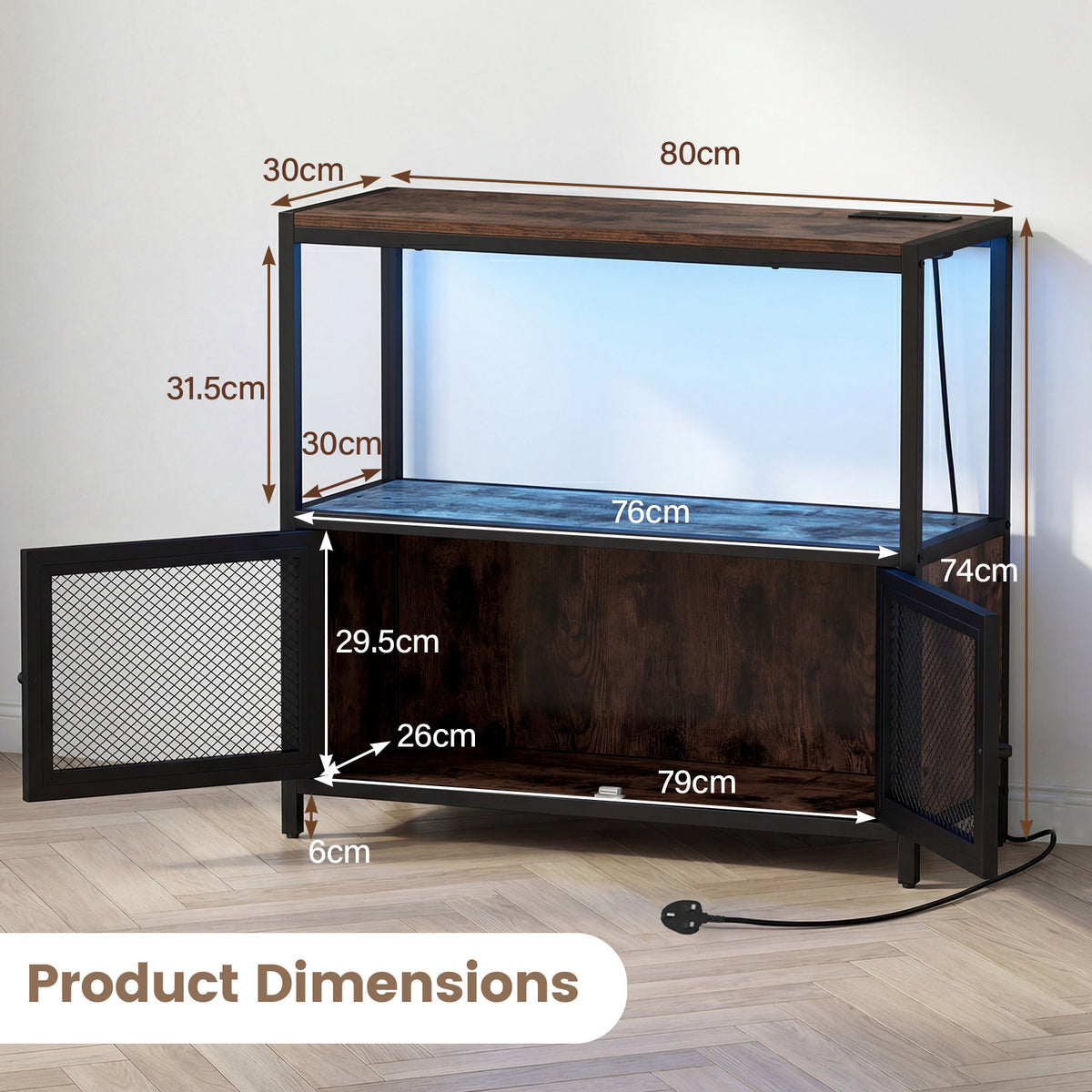 Coffee Bar Cabinet with LED Lights Charging Station & Open Shelf for Kitchen-Rustic Brown