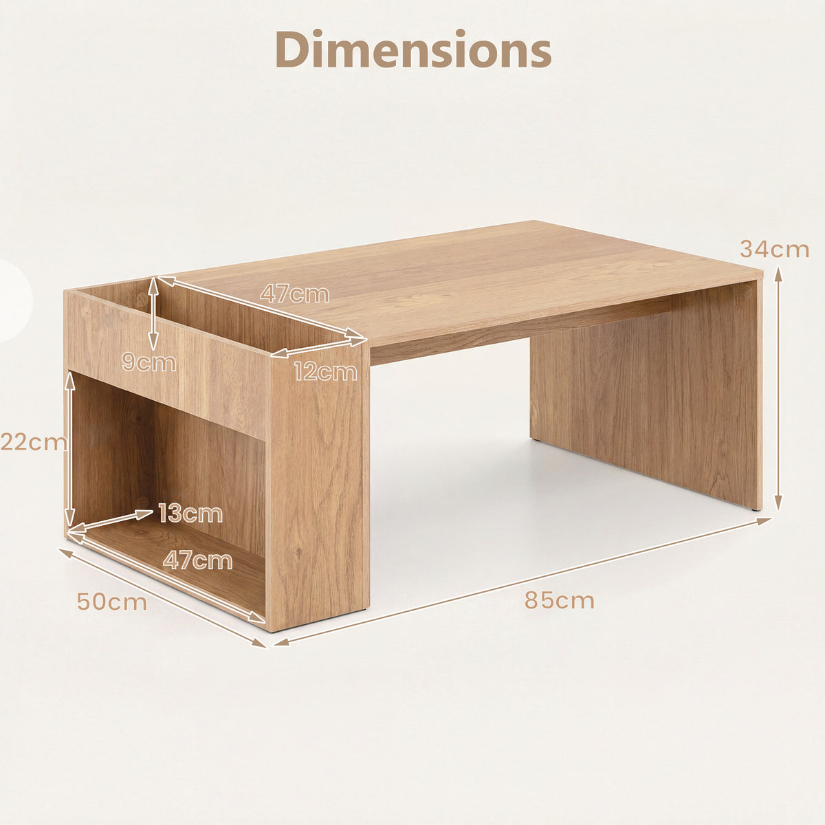 Coffee Table 85cm Coffee Table with Double-Layer Storage Space-Natural