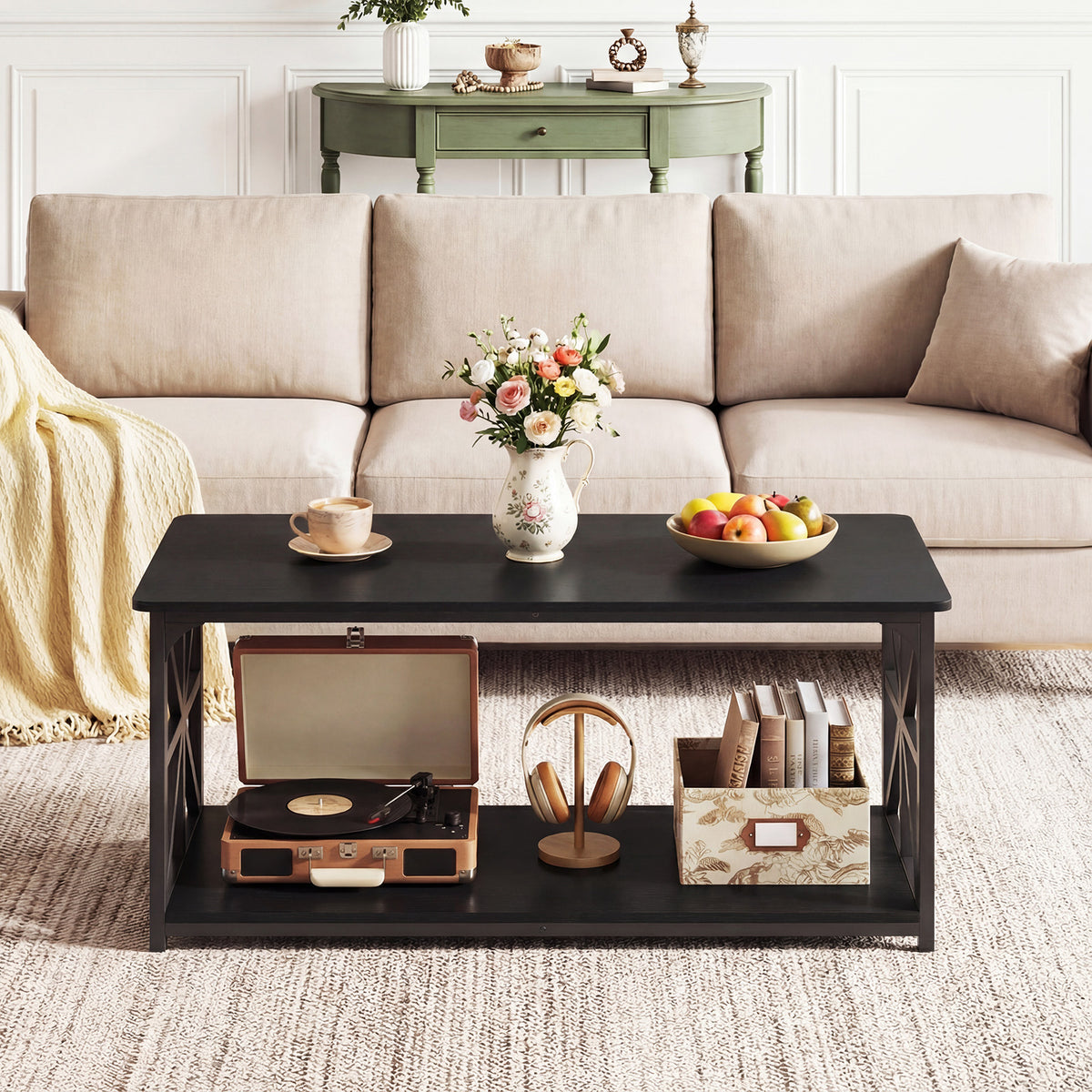 Coffee Table Industrial Farmhouse Accent Table with Open Storage Shelf-Black