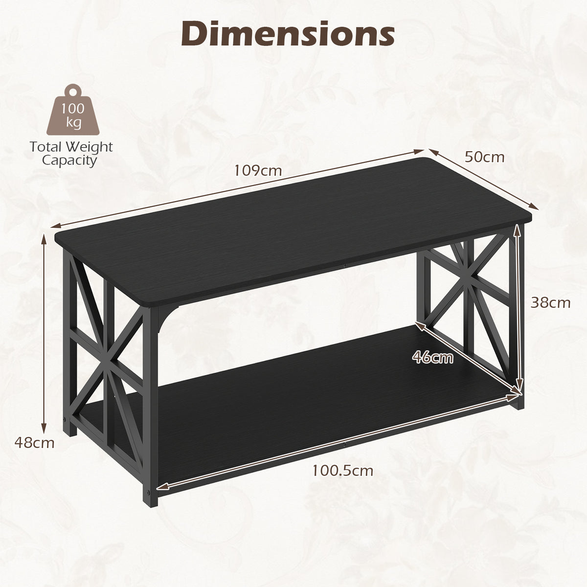 Coffee Table Industrial Farmhouse Accent Table with Open Storage Shelf-Black