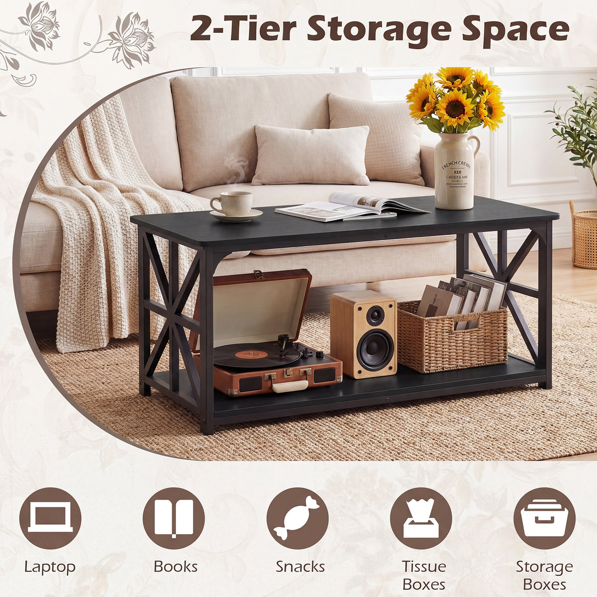 Coffee Table Industrial Farmhouse Accent Table with Open Storage Shelf-Black
