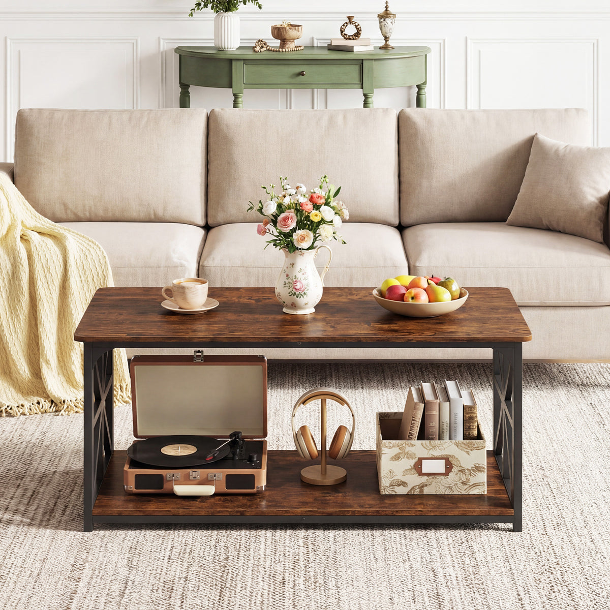 Coffee Table Industrial Farmhouse Accent Table with Open Storage Shelf-Rustic Brown