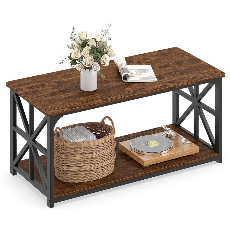 Coffee Table Industrial Farmhouse Accent Table with Open Storage Shelf-Rustic Brown