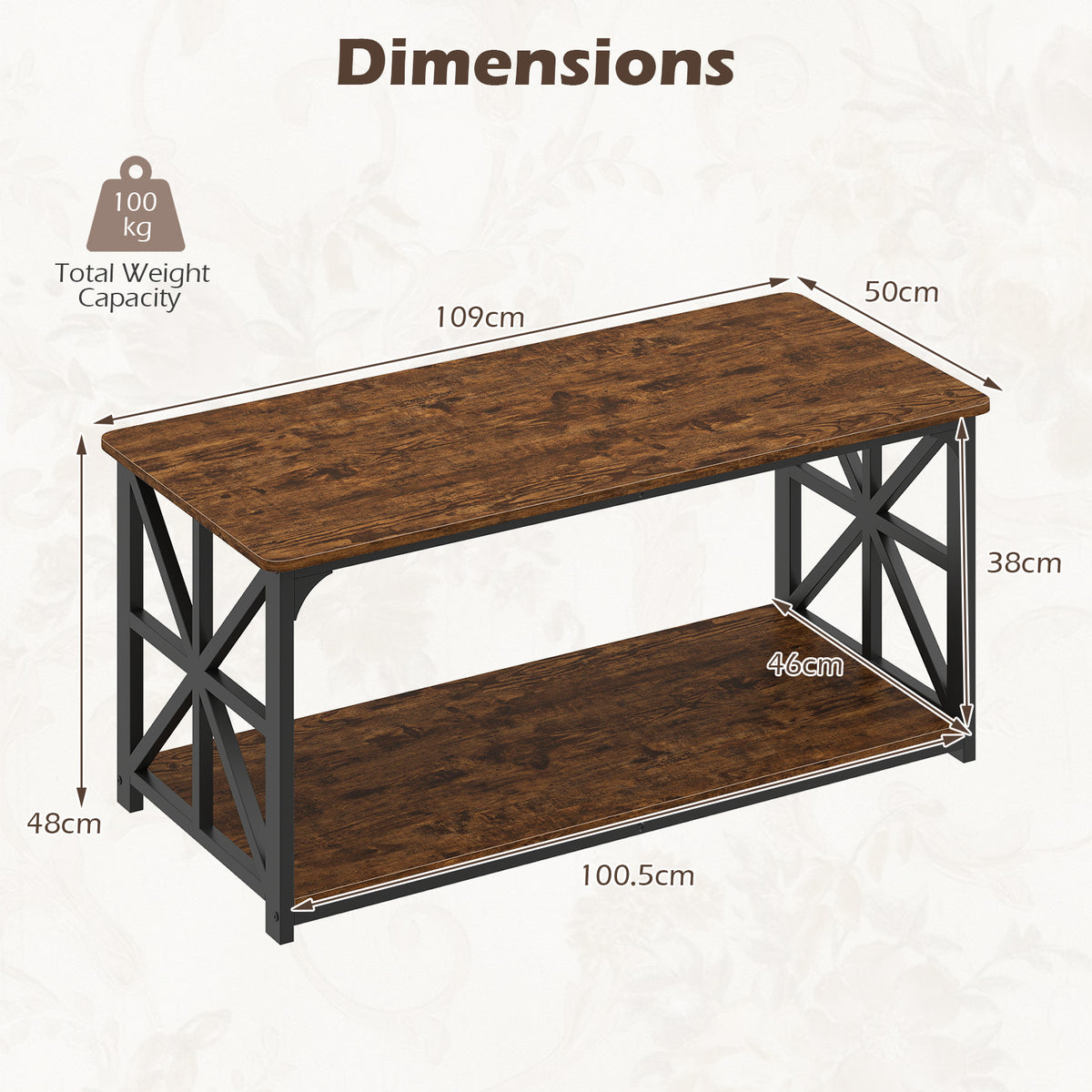 Coffee Table Industrial Farmhouse Accent Table with Open Storage Shelf-Rustic Brown
