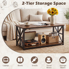 Coffee Table Industrial Farmhouse Accent Table with Open Storage Shelf-Rustic Brown