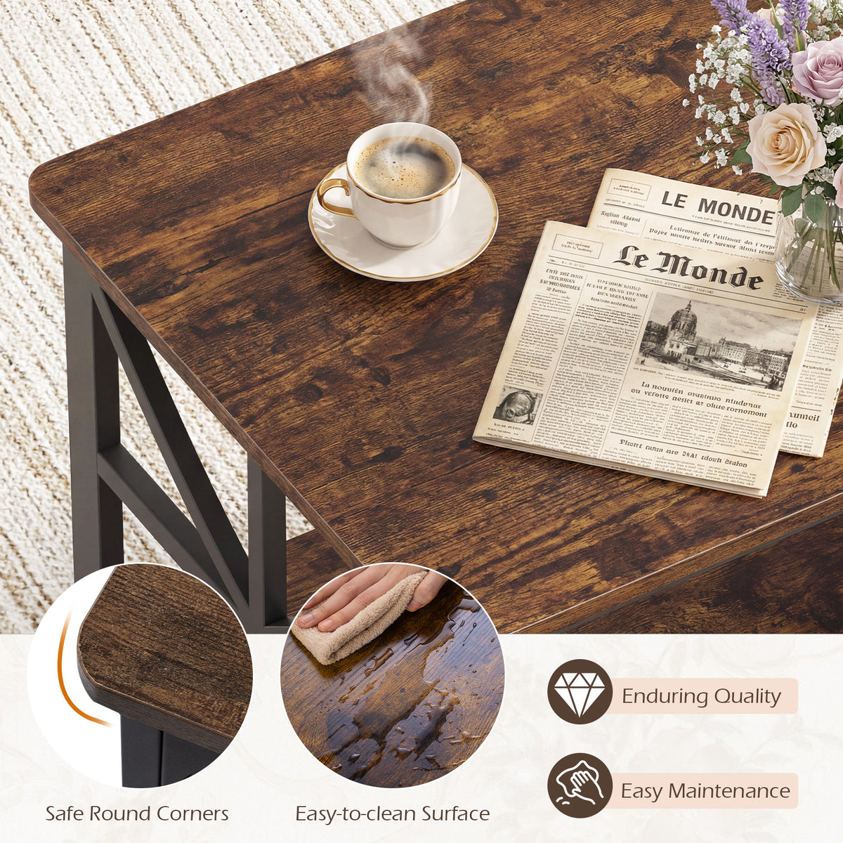 Coffee Table Industrial Farmhouse Accent Table with Open Storage Shelf-Rustic Brown