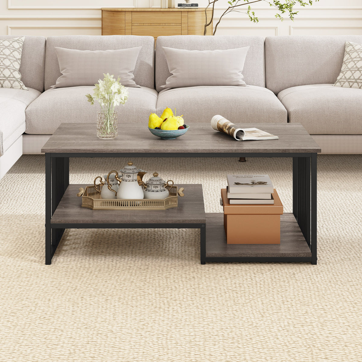 Coffee Table Rectangular Center Table with 2 Storage Shelves and Heavy-duty Metal Frame-Grey
