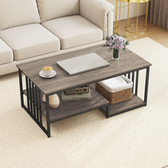 Coffee Table Rectangular Center Table with 2 Storage Shelves and Heavy-duty Metal Frame-Grey