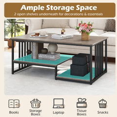 Coffee Table Rectangular Center Table with 2 Storage Shelves and Heavy-duty Metal Frame-Grey