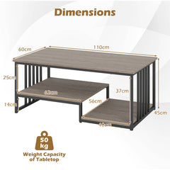Coffee Table Rectangular Center Table with 2 Storage Shelves and Heavy-duty Metal Frame-Grey