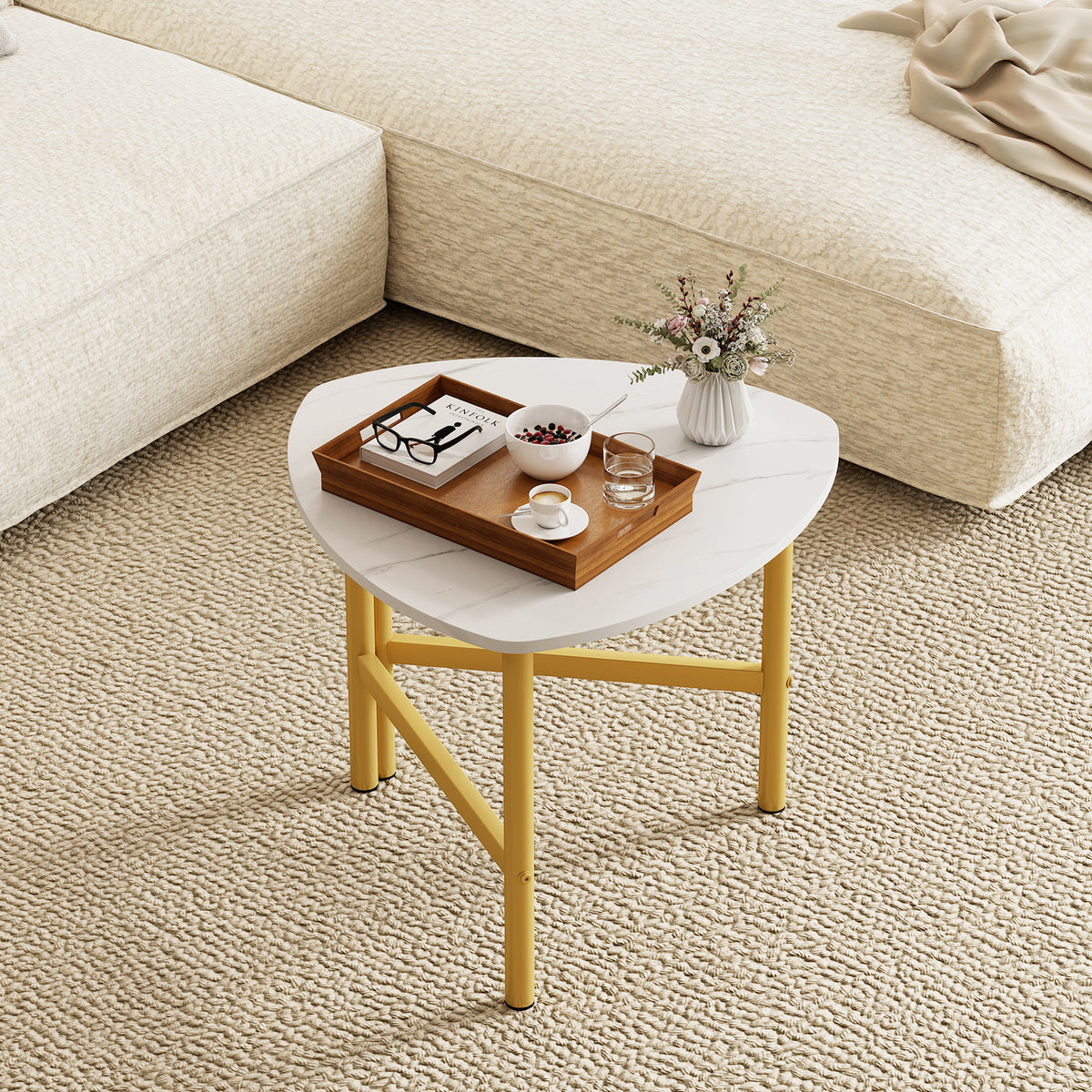 Coffee Table Triangle Center Table with Metal Legs Industrial Accent Sofa Table-White