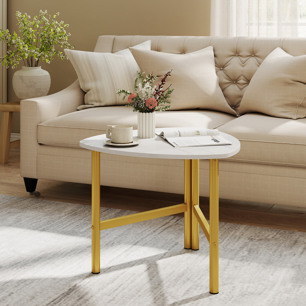 Coffee Table Triangle Center Table with Metal Legs Industrial Accent Sofa Table-White