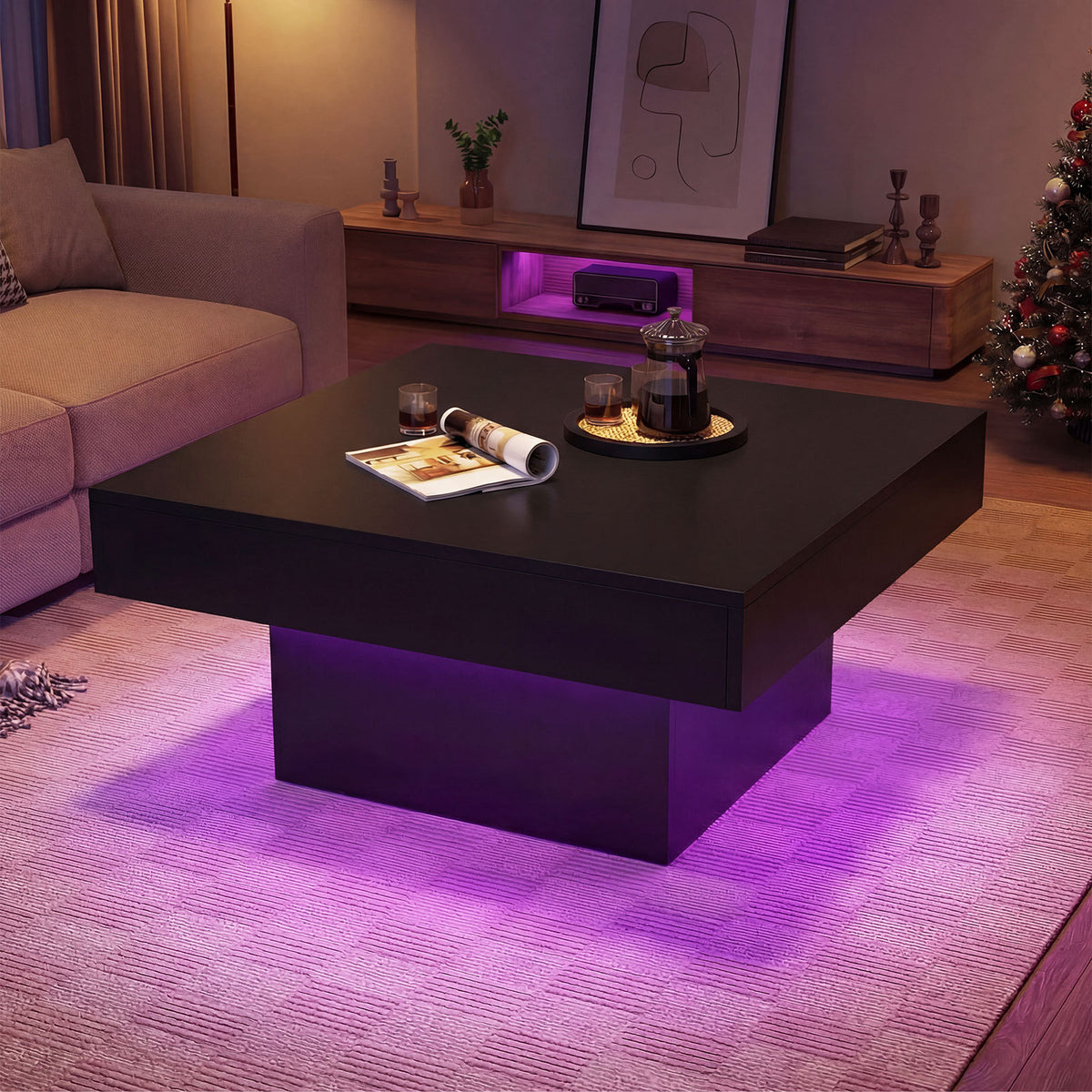 Coffee Table with LED Lights Square Center Table with Remote and 20 Static Colors-Black