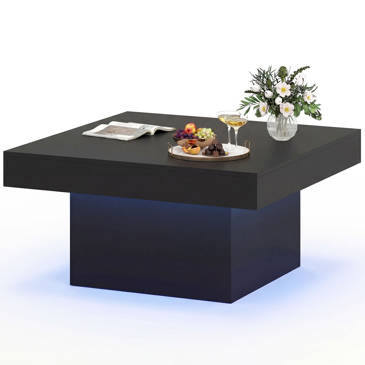 Coffee Table with LED Lights Square Center Table with Remote and 20 Static Colors-Black