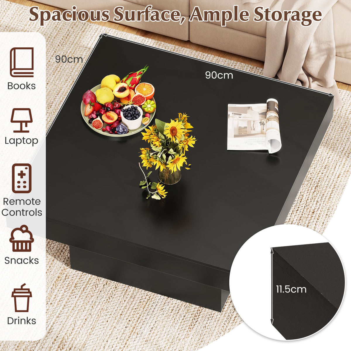 Coffee Table with LED Lights Square Center Table with Remote and 20 Static Colors-Black