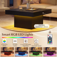 Coffee Table with LED Lights Square Center Table with Remote and 20 Static Colors-Black